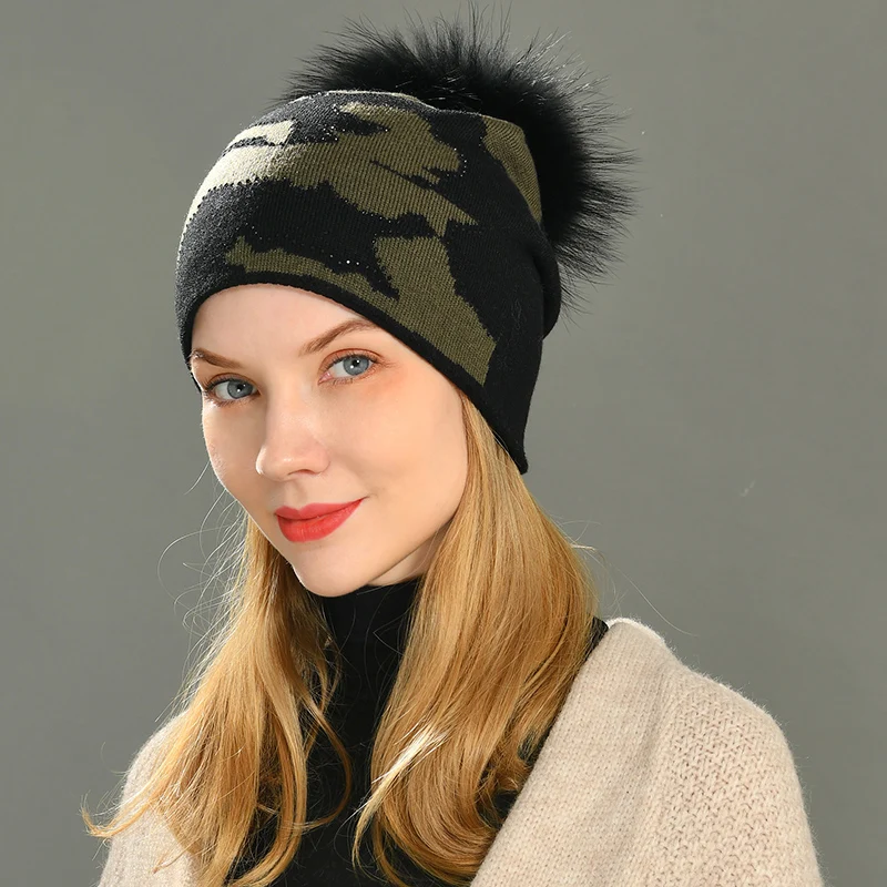 Jxwatcher Wool Beanies Hat Women Real Raccoon Fur Pom Pom Hats Girls Female Wool Knitted Beanie Warm Winter Hats with Rhinestone