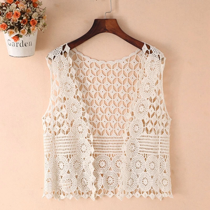 Women Hollow Out Crochet Crop Top Vest Open Front Floral Lace Sleeveless Jacket