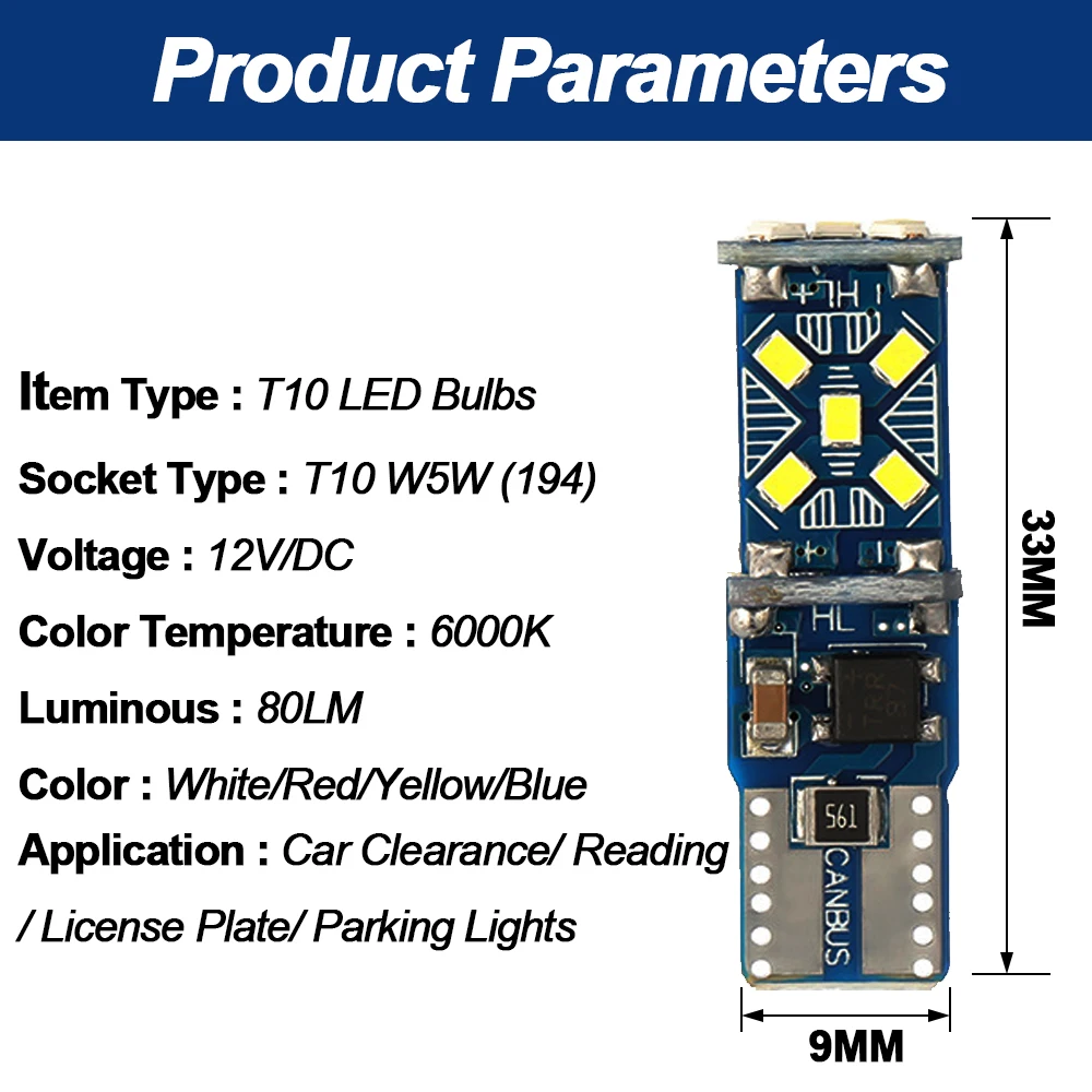 10Pcs/Set T10 W5W LED Light Super Bright LED Bulbs Car Parking Lights Auto Wedge Turn Side Lights Car Interior Reading Dome Lamp