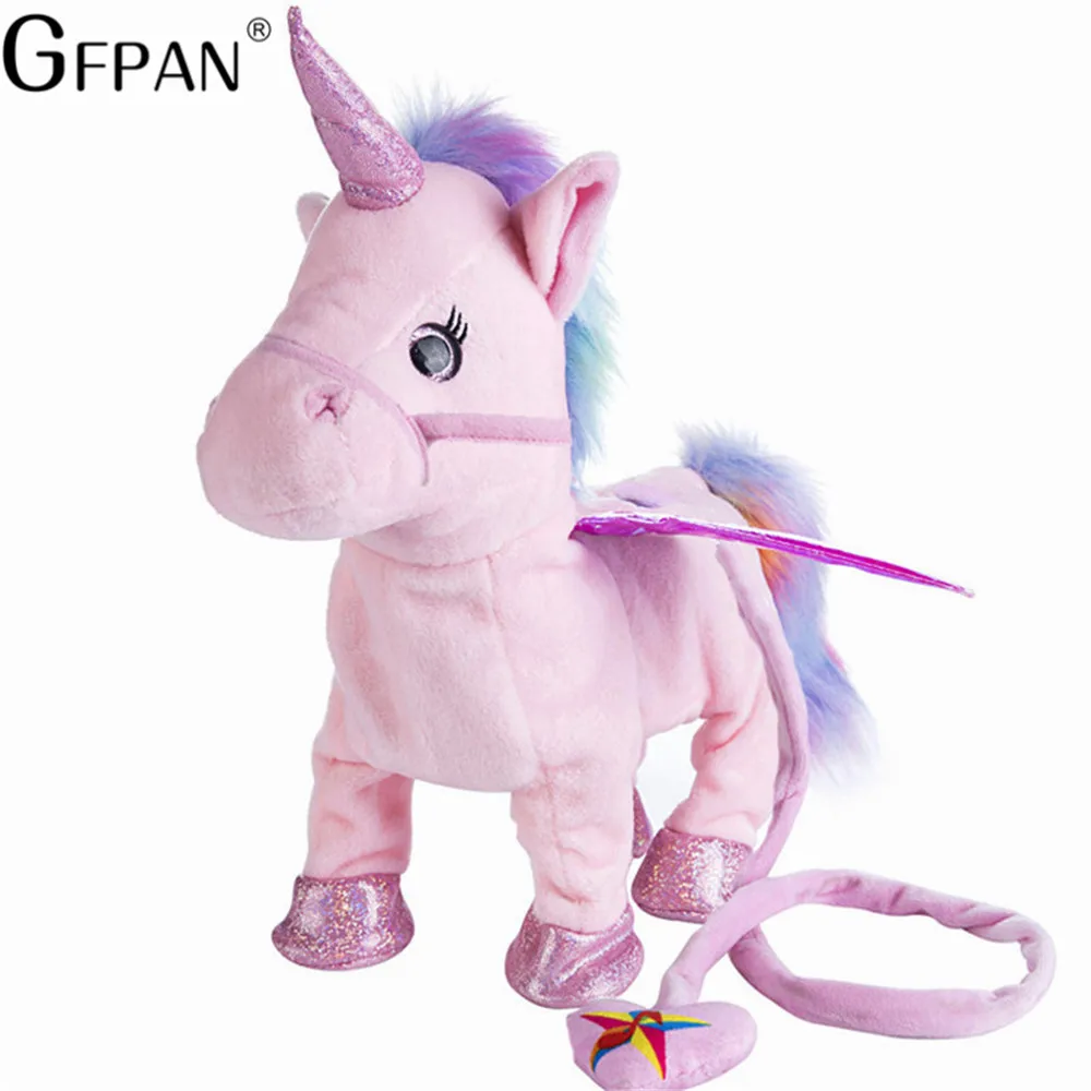 Juguete caliente 1pc eléctrica caminar Peluche de unicornio de juguete Animal relleno juguete de música electrónica de juguete para niños regalos de navidad