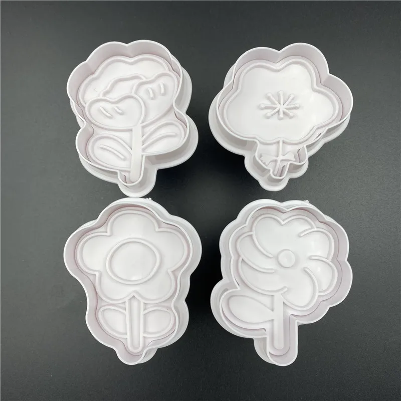 4Pcs/Set 3D Flower Pattern Plastic Biscuit Mold DIY Kitchen Cake Decorating Tools Cookie Cutter Stamp Fondant Embosser Die