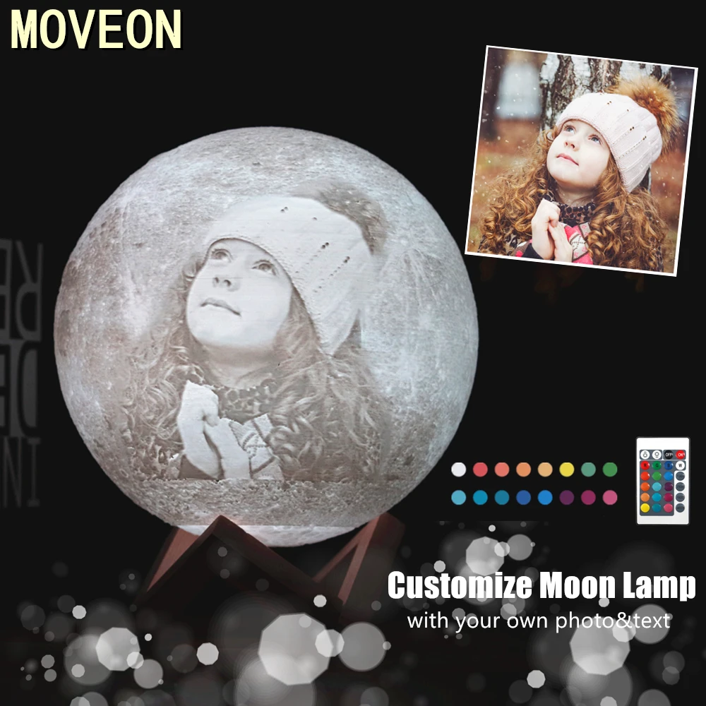 Photo Custom 3D printing moon night light Novelty lamp USB Rechargeable Table decoration Touch/Remote 2/16 Colors Moonlight