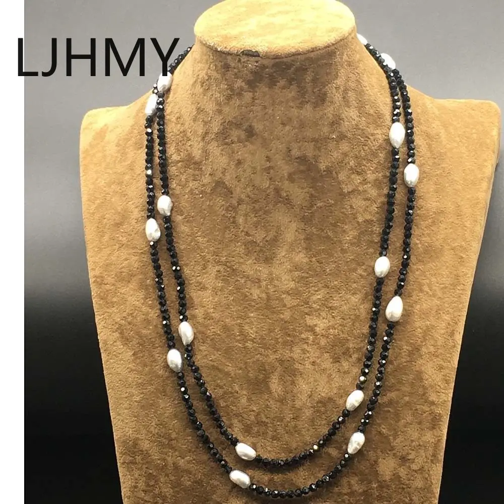 String Black Onyx Faceted Sparking  Real Freshwater Pearl Necklace Long 50 Inches  Punk  Layered Custom Necklace Women