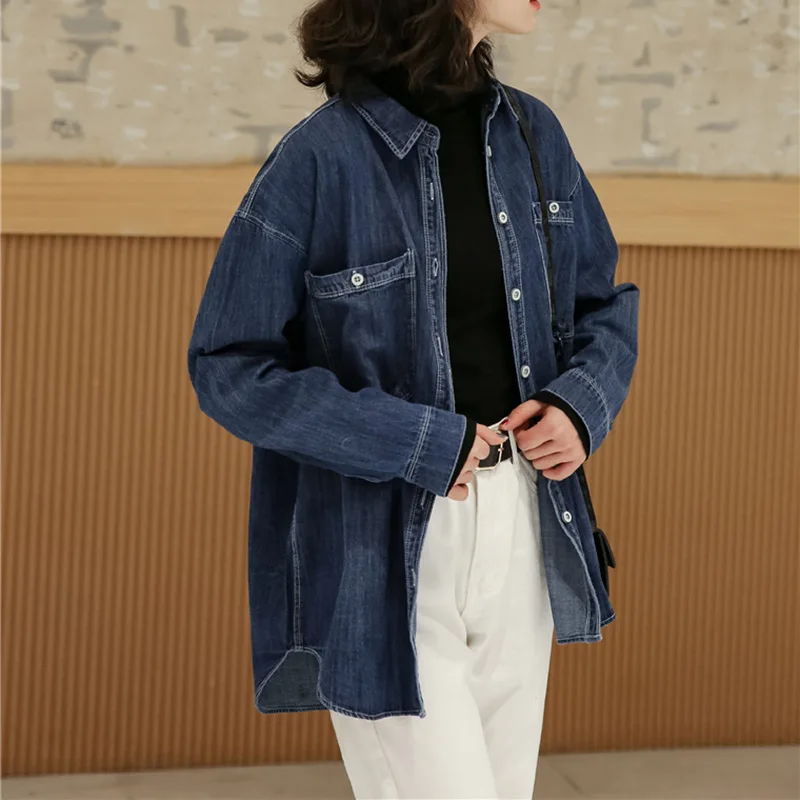 Casual Loose Women's Denim Shirts Korean Fashion Dark Blue Jean Blouse Spring Tops Long Sleeve Classic Blusas Mujer De Moda 2023