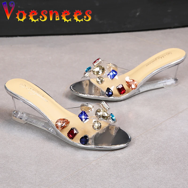 Voesnees Women Slippers 2021 Summer New Modern Shoes Outside Wedges High Heels 6/8cm Chain Crystal Sandals Sexy Girls Beach Shoe