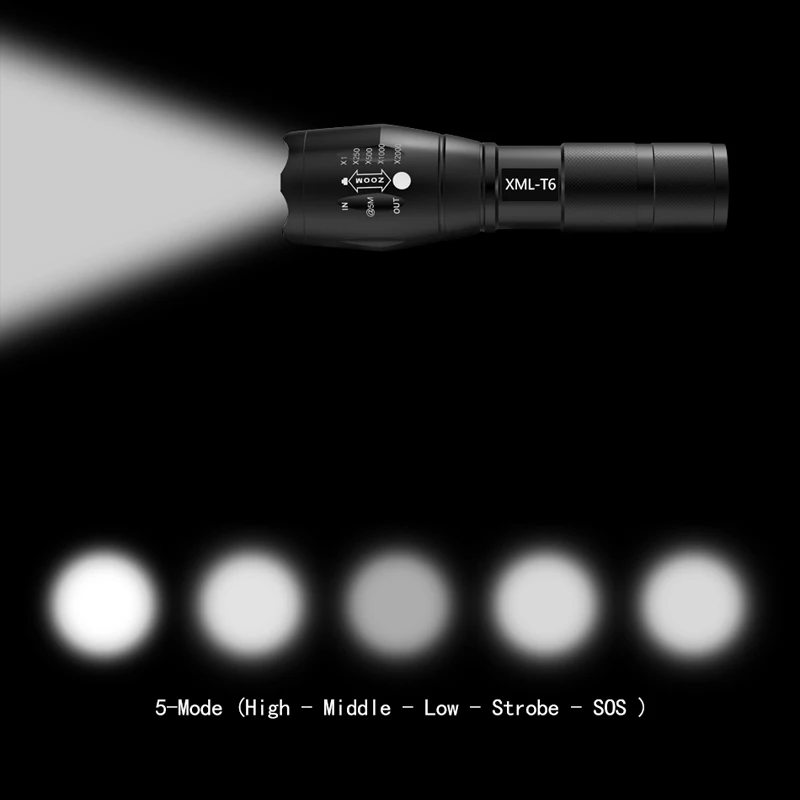 Портативный светодиодный фонарик XML-T6 использует перезаряжаемый аккумулятор 18650 Многофункциональный уличный Телескопический тактический фонарь