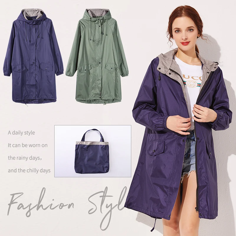 Womens Stylish Long Raincoat Waterproof Rain Coat Jacket with Drawstring Hood for Hiking Travelling Blue Green Color