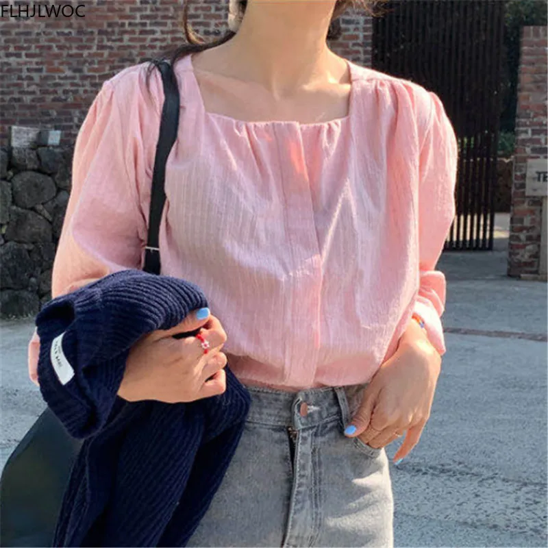 2020 Autumn Cute Chic Tops Korea Japan Style Girls Preppy New Design Casual Loose Women Pink Top Single Breasted Button Shirts