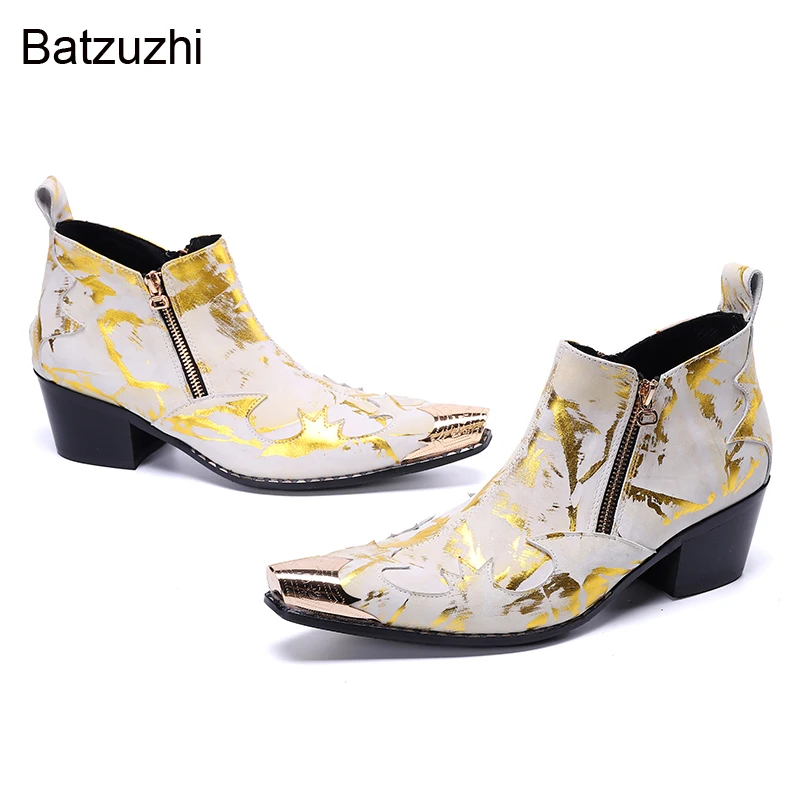 

Batzuzhi 6.5cm High Heels Men Boots Shoes Pointed Metal Toe Genuine Leather Ankle Boots Men Golden Party/Wedding Botas Hombre