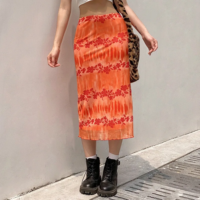 

Fashion Summer Women Boho Beach Casual Style Skirts Female High Waist Floral Printing Orange Midi Skirt Party Holiday Clothing