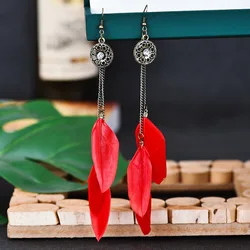 Women's Red Feather Wedding Earrings Clothing Accessories Vintage Ethnic Round Flower Alloy Long Tassel Earrings Bohemia Jewelry