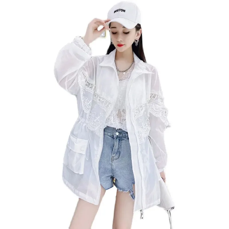 

Heavy Industry Embroidery Letter Lace Women's Sun Protection Clothes Summer 2023 New Fashion Mid-Long Ladies Anti-UV Coat