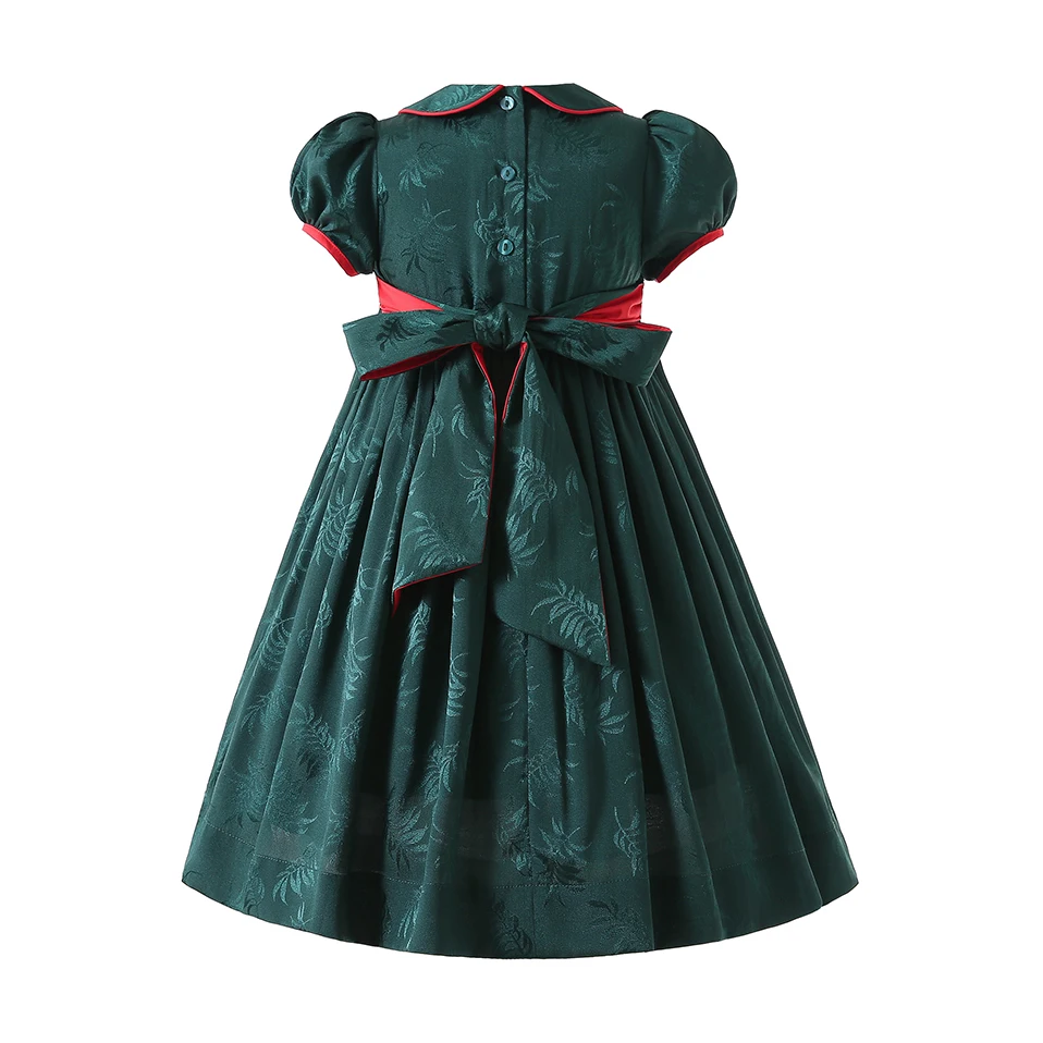 Pettigirl Elegant Christmas Green Spanish Handmade Smocked Dresses Smocking Children Outfits Sets for Girls Age 2345681012Years