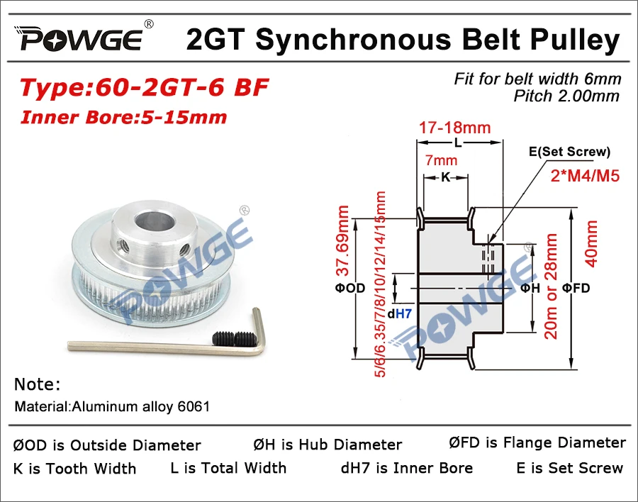 POWGE 1pcs 60 Teeth GT2 Timing Pulley Bore 5mm 6.35mm 8mm 10mm for width 6mm GT2 Timing Belt Small Backlash 2GT Belt 60Teeth 60T