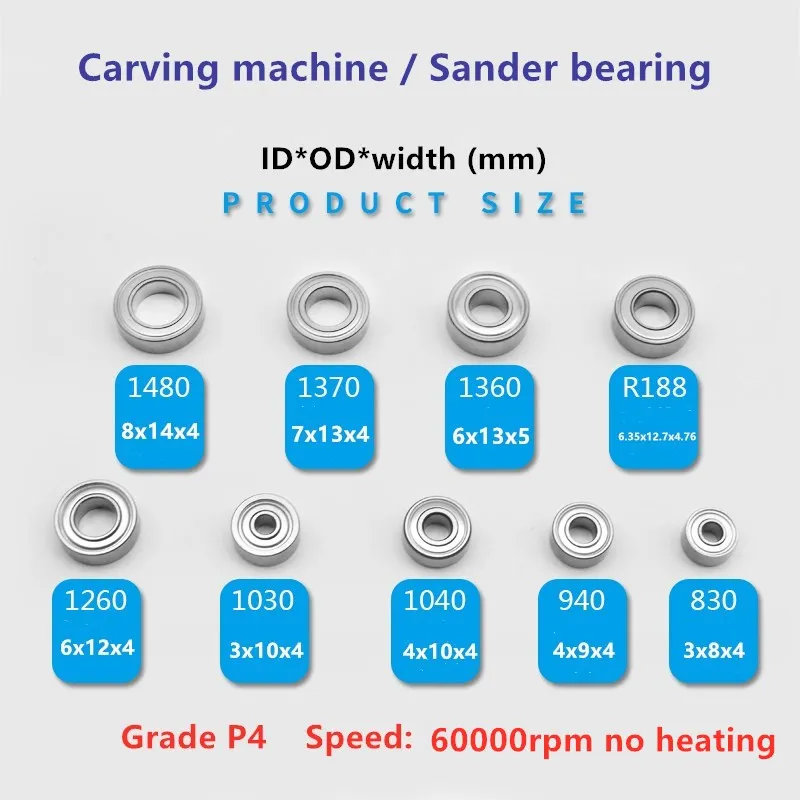 High Speed Carving Engraving Grinder, Drill, Nail, Dental Bearing, L-1260, 1480, 1040, 830, 940, R- 1030 ZZ, 60000rpm, 10Pcs