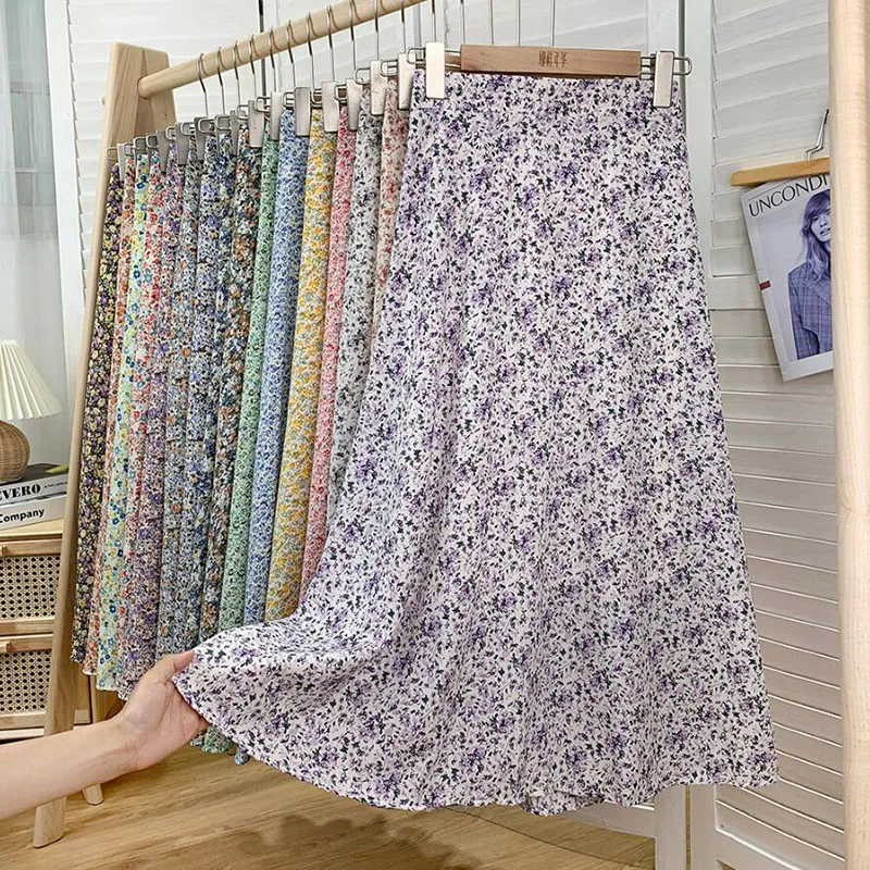 

New 2021 Vintage Floral Printed Chiffon Pleated Womens Skirts High Waist Elegant A-line Skirt Summer Bohemia Beach Skirt