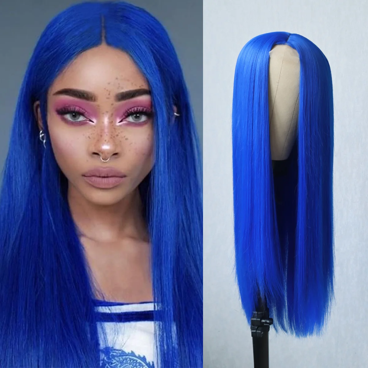 Bright Blue Synthetic Lace Wigs Long Silk Straight Bright Blue Wig with  High Temperature Fiber for Women Party Show