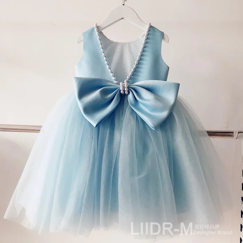 

Newborn Baptism 1st Birthday Christening Dress Bead Blue Tulle Baby Girl Clothes Party Princess Infant Baptism Flower Girl Dress