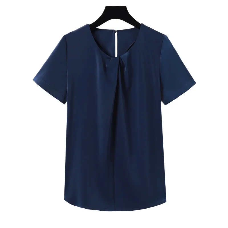 Navy Blue Shirt Women Short Sleeve 2022 Summer New Temperament Fashion Design O Neck Chiffon Blouses Office Ladies Work Tops