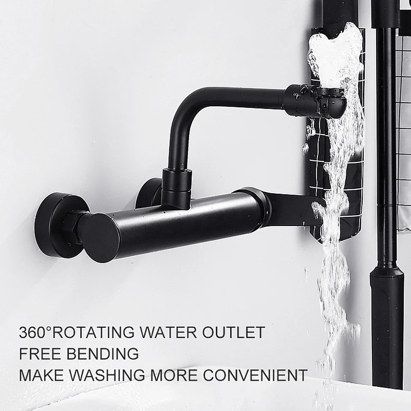 ELLEN Wall Sink Faucet Hot Cold Water Mixer Black Tap Two Holder Wall Mouned Kitchen Faucets ELK5884