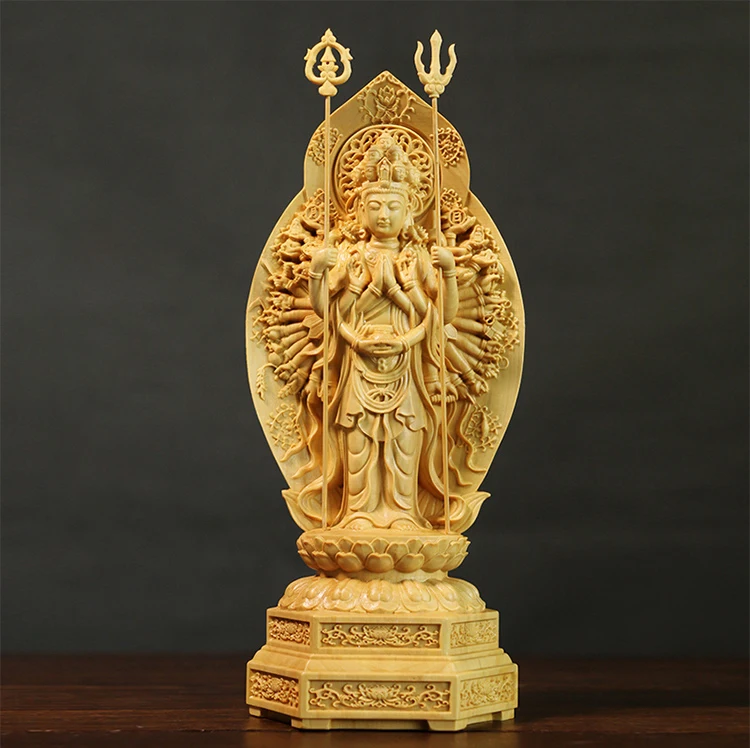 Hand-Carved Wooden Thousand-Armed Guanyin with Carved Scriptures, Elegant Buddha Figurine for Home Decor