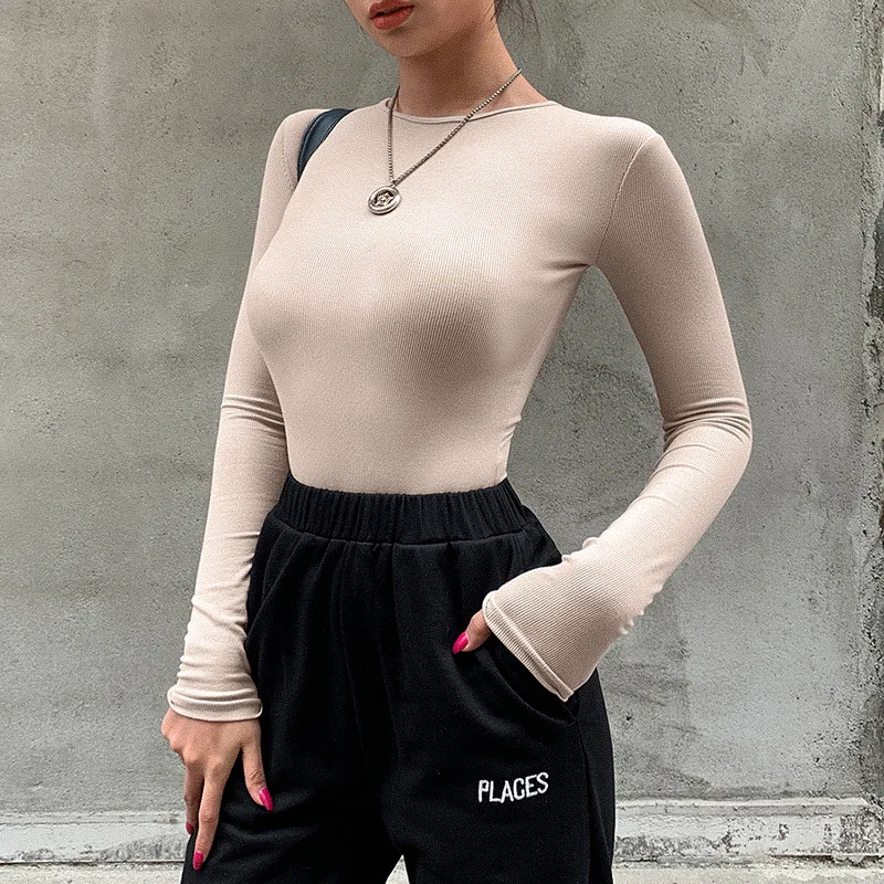 2024 Slim Ladies Sexy Bodysuit Solid Fashion Skinny Bodycon Women Bodysuit Long Sleeveles O-Neck Casual Black Beige  Bodysuit image 3