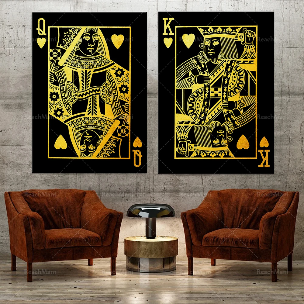 CREATIVE CANVAS ART - King & Queen *Duo Set* Playing Cards Gold Texture Bundle Wall Art Office/Home Decor