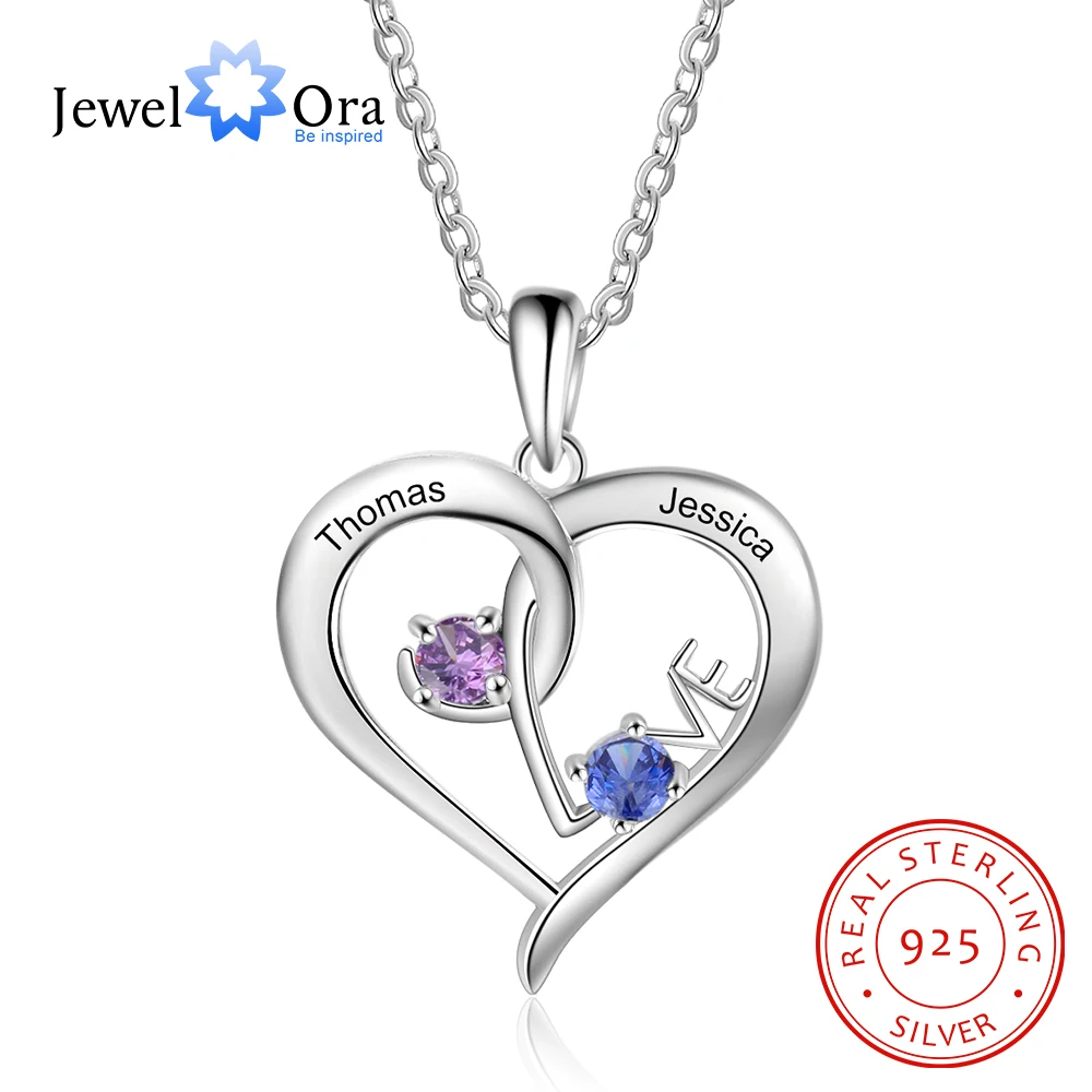 

JewelOra 925 Sterling Silver Personalized Heart Necklace with Birthstone"LOVE" Custom Name Engraved Pendant S925 Mothers Gifts