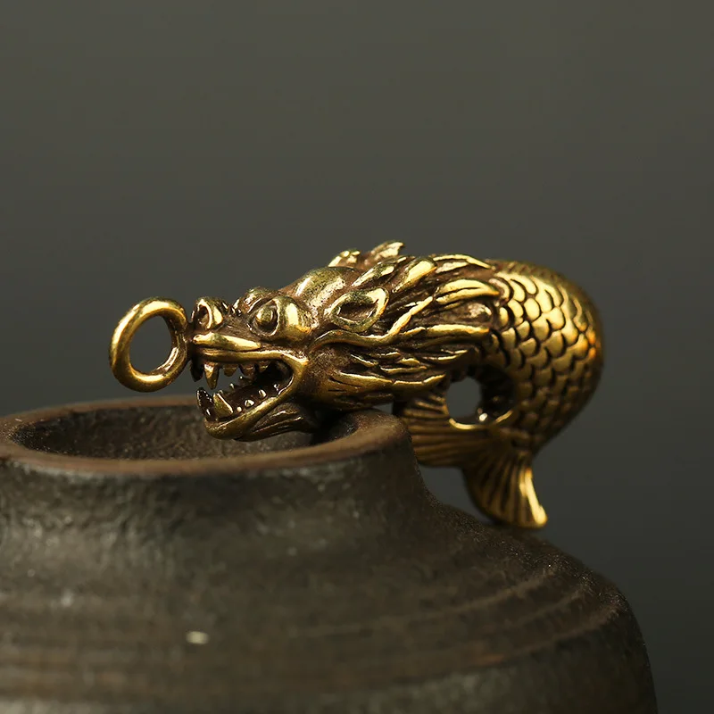 Vintage Copper Dragon Head Fish Tail Key Rings Pendants Traditional Chinese Feng Shui Lucky Car Key Chain Pendant Charms Trinket