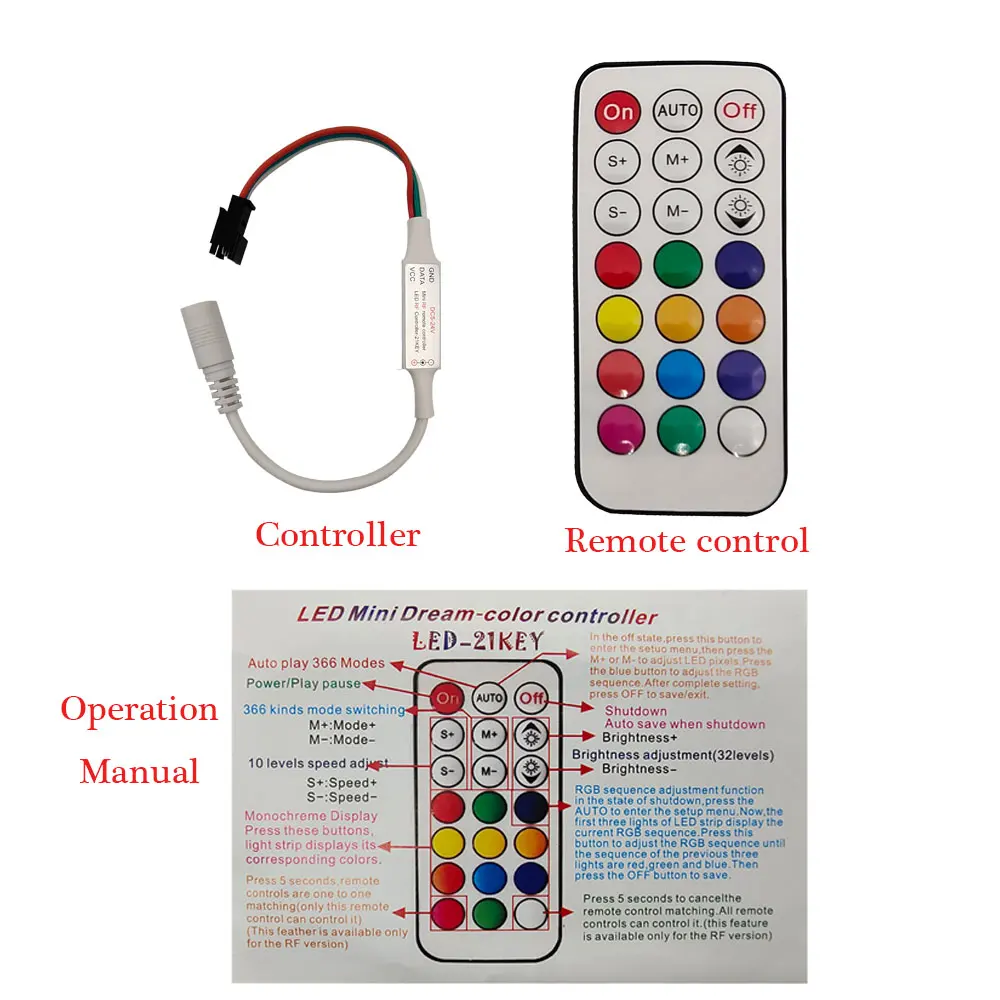 WS2812B Pixel LED Light Strip Controller 366 Mode Conversion 3PIN SM JST WS2811 Led Strip Light DC5V-24V 21Key RF Remote Control