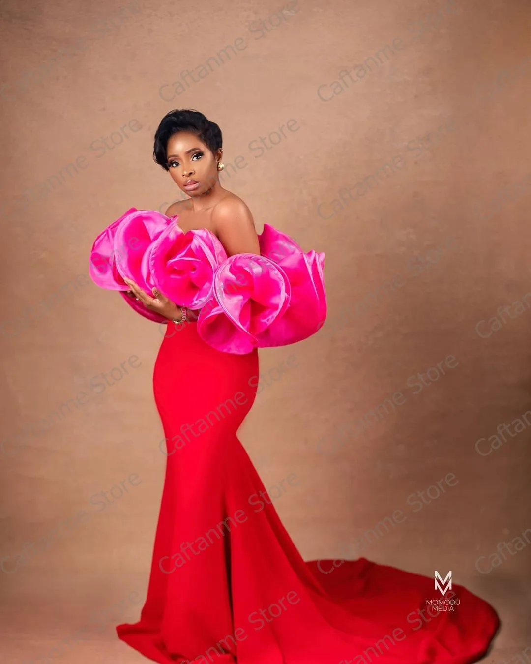 Moda fuschia e vermelho vestidos de noite aso ebi estilo sereia forma com trem inchado babados strapless boné manga vestido de baile