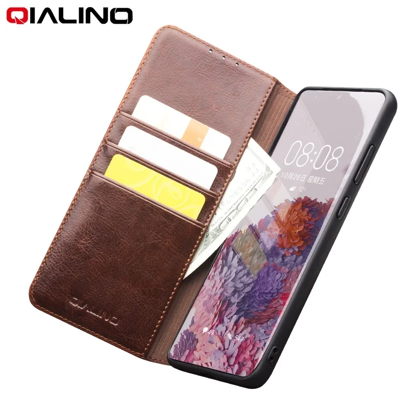 

QIALINO Genuine Leather Bag Phone Shockproof Case for Samsung S20 Ultra Fashion Luxury Flip Cover for Samsung S20+ Plus 5G