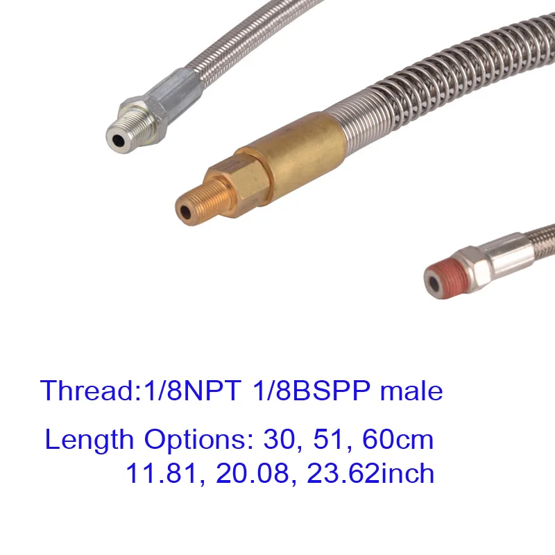 Selang Dikepang Baja Tahan Karat HP Tabung Bertekanan Tinggi 300Bar/4500Psi 1/8NPT Sambungan Pria Panjang 60Cm