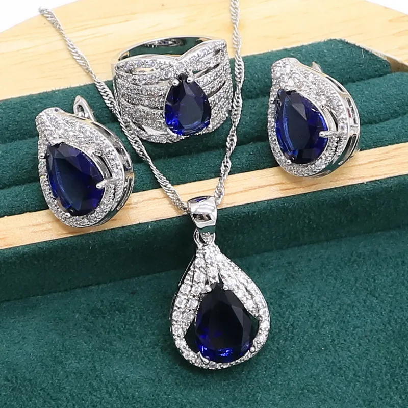 Royal Blue Sapphire 925 Sterling Silver Jewelry set for Women Bracelet Hoop Earrings Necklace pendant Ring