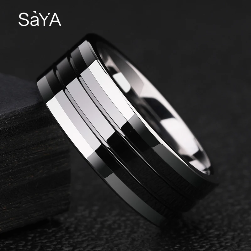 8MM Width High Polished Rings for Men Tungsten Carbide Band for Anniversary Inlay Black Ceramic, Customized