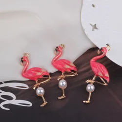 5pcs Enamel Pearl Flamingo Charms DIY Handmade Pink Bird Flamingo Pendants Bracelet Necklace Earring Pendants Jewelry Accessory