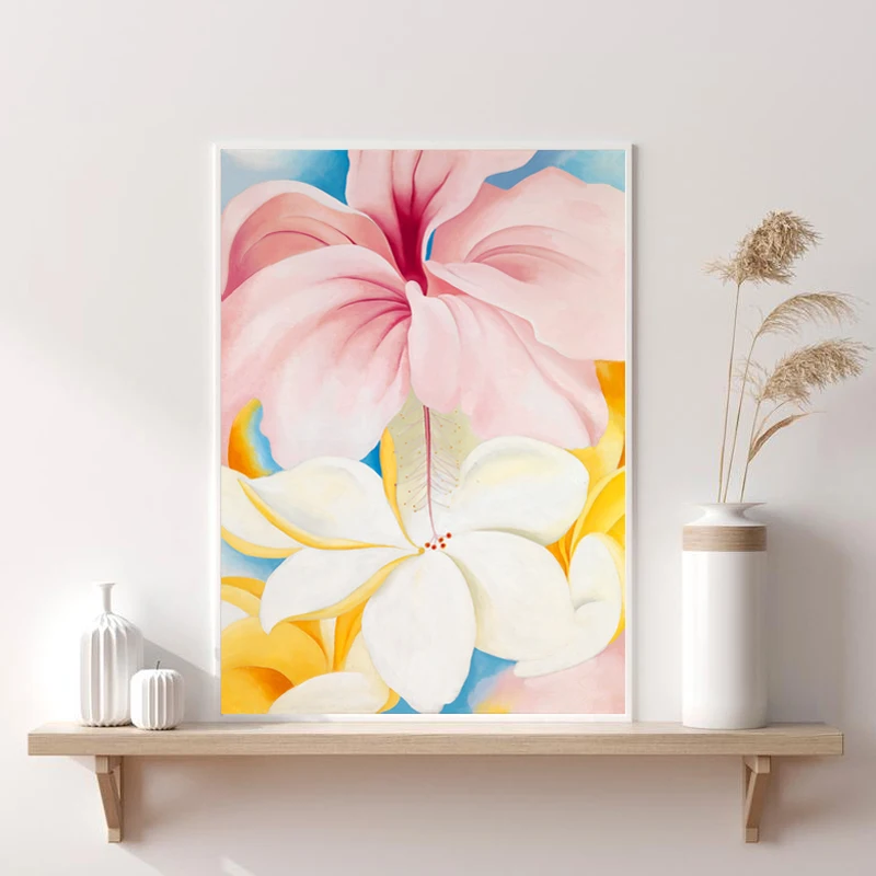 Georgia O'keeffe Flower Painting Hibiscus with Plumeria Canvas Prints ,Okeeffe Exhibition Poster ,Okeeffe Wall Art Picture Decor