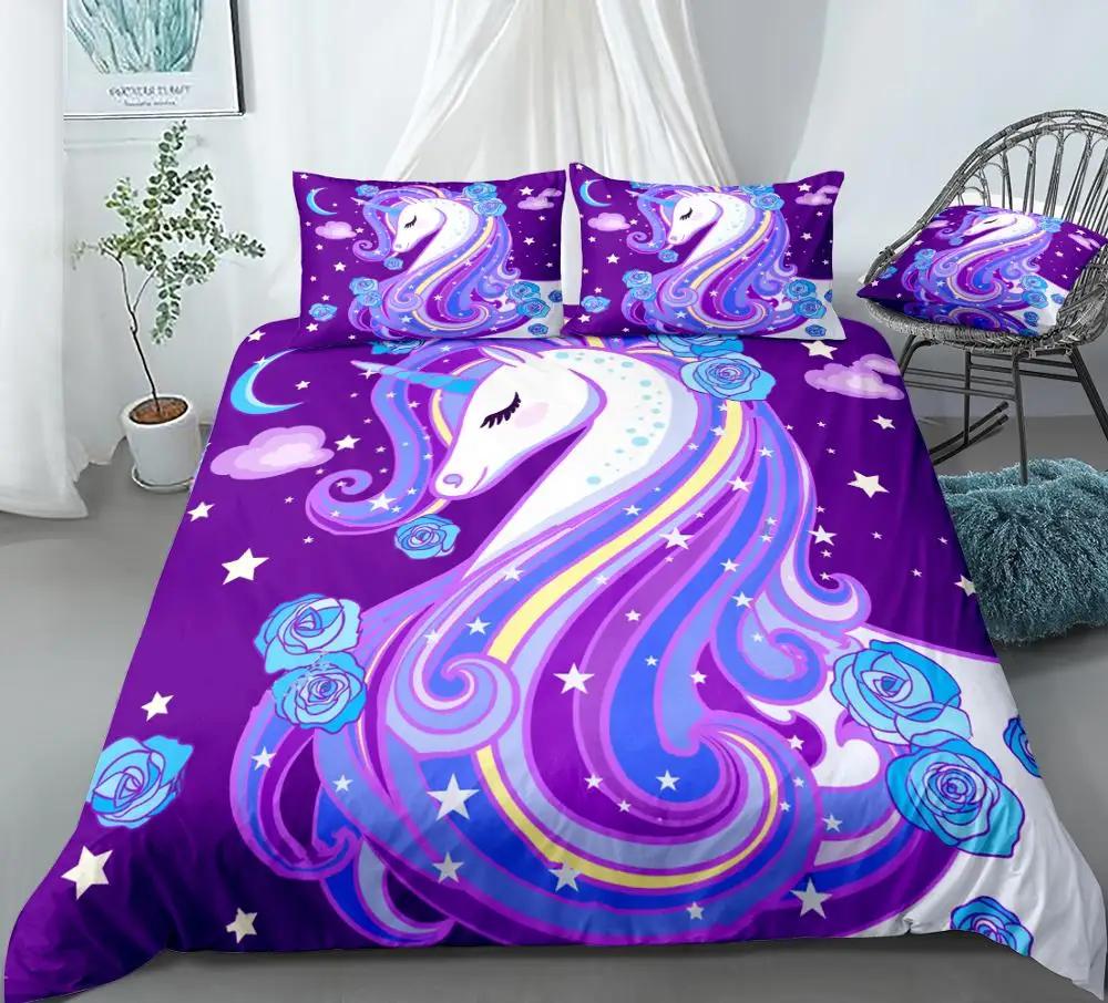 Unicorn Duvet Cover Set Purple Unicorn with Roses Bedding Kids Girls Star Animal Quilt Cover Flowers Queen Bed Set 3pcs Dropship