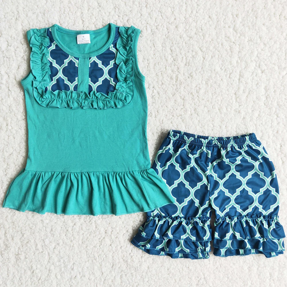 

Hot Sale Little Girls Summer Clothing Sleeveless Ruffle Shorts Sets Fashion Baby Girl Clothes Green Children Outfits Wholesale
