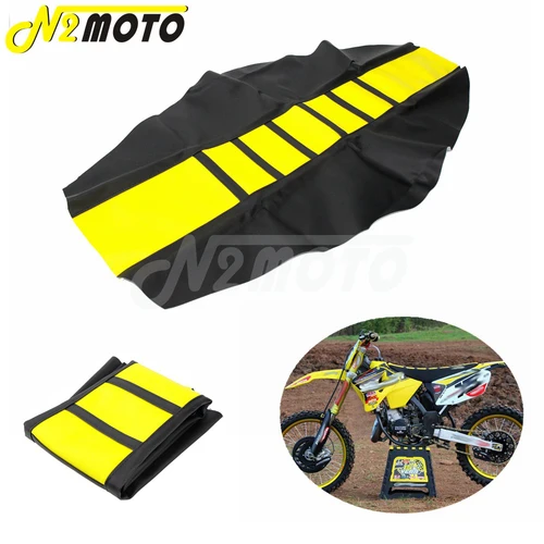 Funda de asiento RM 125 negra y amarilla, funda de asiento acanalada para Motocross Enduro, pinza de tracción para Suzuki DR650 DRZ RMZ RM-Z 650 125 250 450