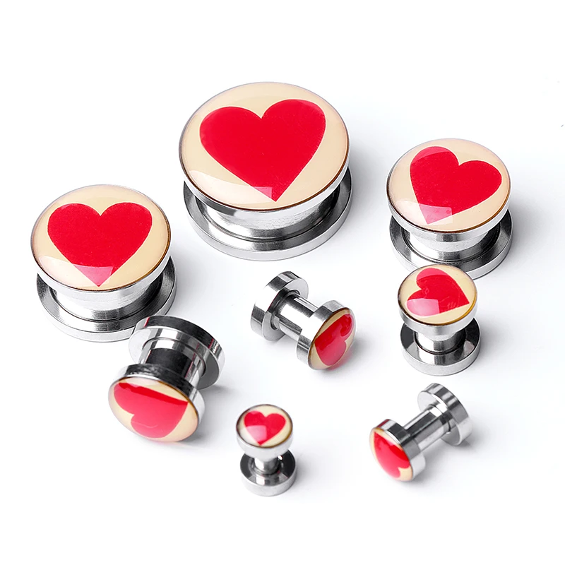 1Pair Ear Strechers Expander Man Women Jewelry Stainless Steel Red Ear Gauge Heart Flesh Tunnels And Plug Earring Fashion 3-20mm