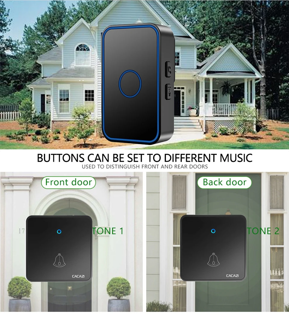 CACAZI Smart Wireless Doorbell 300M Range 60-ring Waterproof H78 Household Flashing Door Bell US EU UK plug 2 button 6 receiver