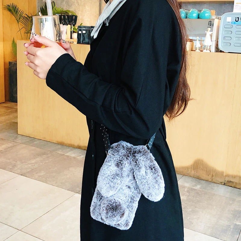 3d estéreo bonito dos desenhos animados coelho peludo caso de telefone para o iphone 14 13 12 11 pro max x xr xs 7 8 plus se2020 capa crossbody cordão