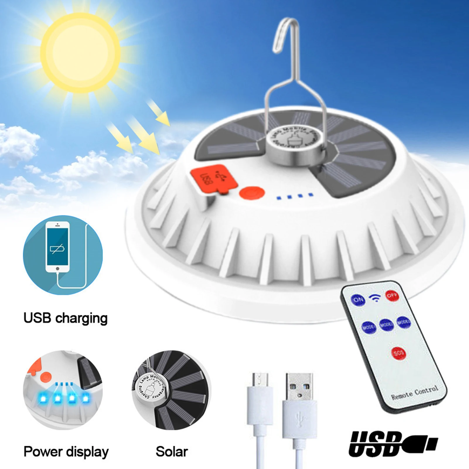 Solar Camping Light USB Rechargeable Waterproof LED Lamp 3600mAh 120 LED 200 lumen Camping Light with remote control for Camping