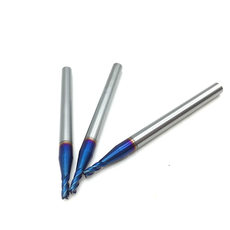 Fresa de 1mm HRC65, 4 flautas, D1 x 3 x D4 x 50L, 4T, carburo sólido, fresado con revestimiento de nACo y azul