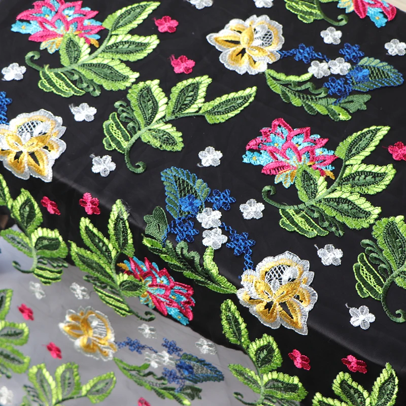 

LASUI 3 yards 2020 Showy flower embroidery mesh lace fabric Black mesh yarn bottom colorful DIY Fashion clothing X0625