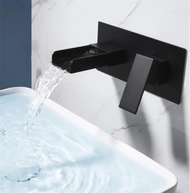 Tuqiu Basin Faucet Black Bathroom Faucet In-Wall Chrome Waterfall Faucet Tap Basin Mixer Tap Set Combination Blanoir