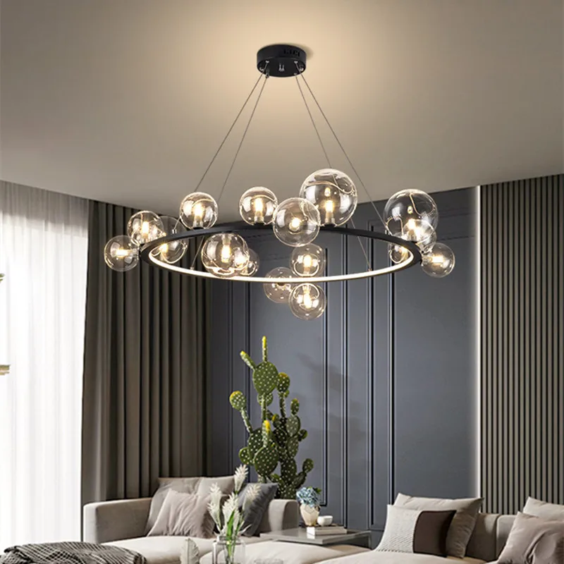 LED silver chandelier Art Deco post modern Bubbles glass chandelier Round Black Suspension For Dinning Room room ring chandelier