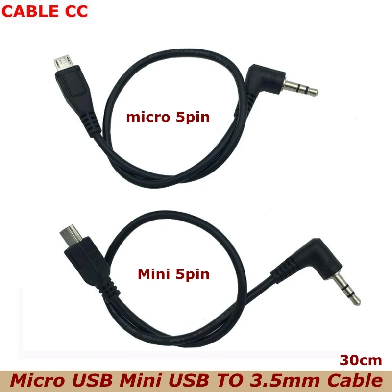 30cm Micro USB mini USB to jack 90 degree 3.5 mm audio cable connector 3.5 headphone plug MP3 MP4 phone audio adapter cable