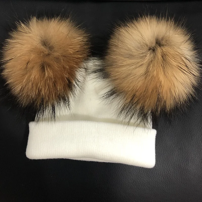 Winter Kinder Stricken Natürliche Waschbären Pelz Doppel Pompom Hut Für Mädchen Häkeln Echt Haar Baby Mütze Schal Kinder Beanie Motorhaube